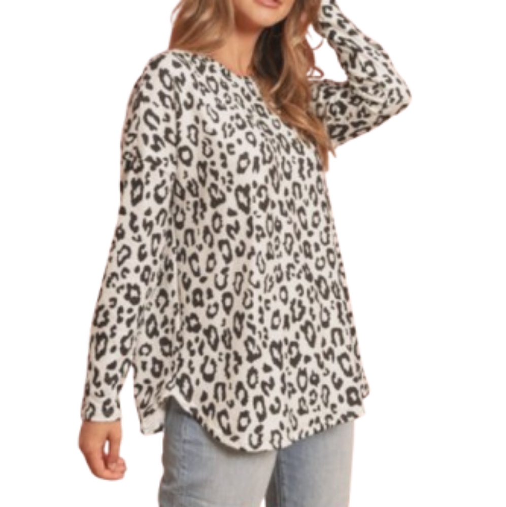 Viamor White Black Animal Print Long Slv Top Sz Lg